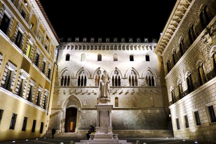 Exterior view of Headquarters of Banca Monte dei Paschi di Siena bank in Siena, Italy on Oct. 25, 2019.